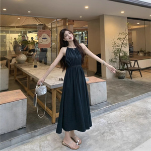 Halter Neck Long <b>Dress</b> Women's <b>Elastic</b> Waist Solid Color Casual Summer <b>Dress</b> Light Blue Polyester Fabric Leisure Wear - Product Image 4