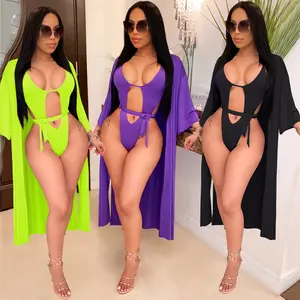 De moda de 3 piezas conjunto de Bikini de las mujeres de gasa cubrir traje de playa de Color neón