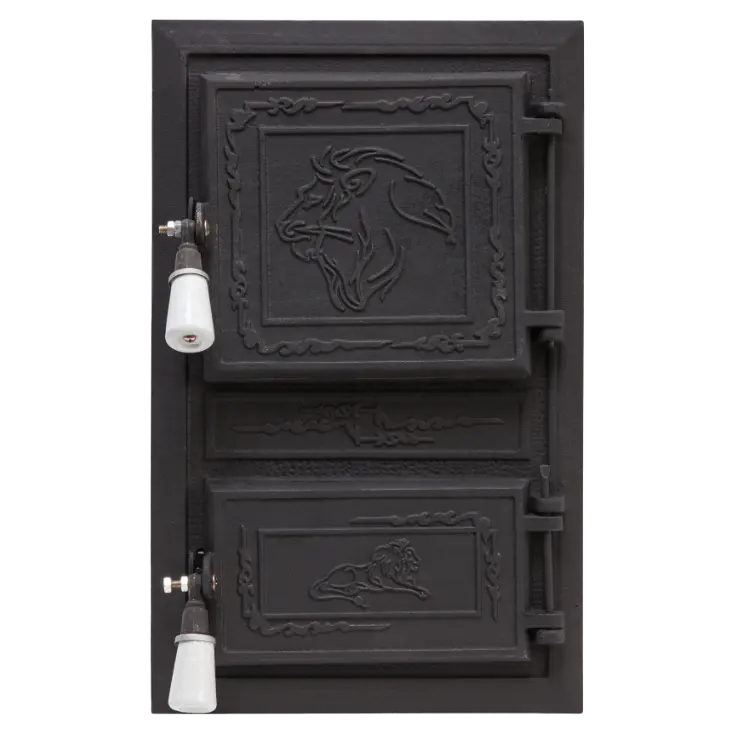 Doble de hierro fundido cocina puertas chimenea puertas de madera estufa de puerta