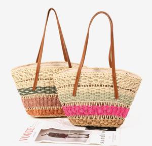 Sac fourre-tout décontracté en paille tressée avec deux bretelles, motif rayé, style bohème, ouverture supérieure, grande capacité, sac de plage portable - Product Image 1