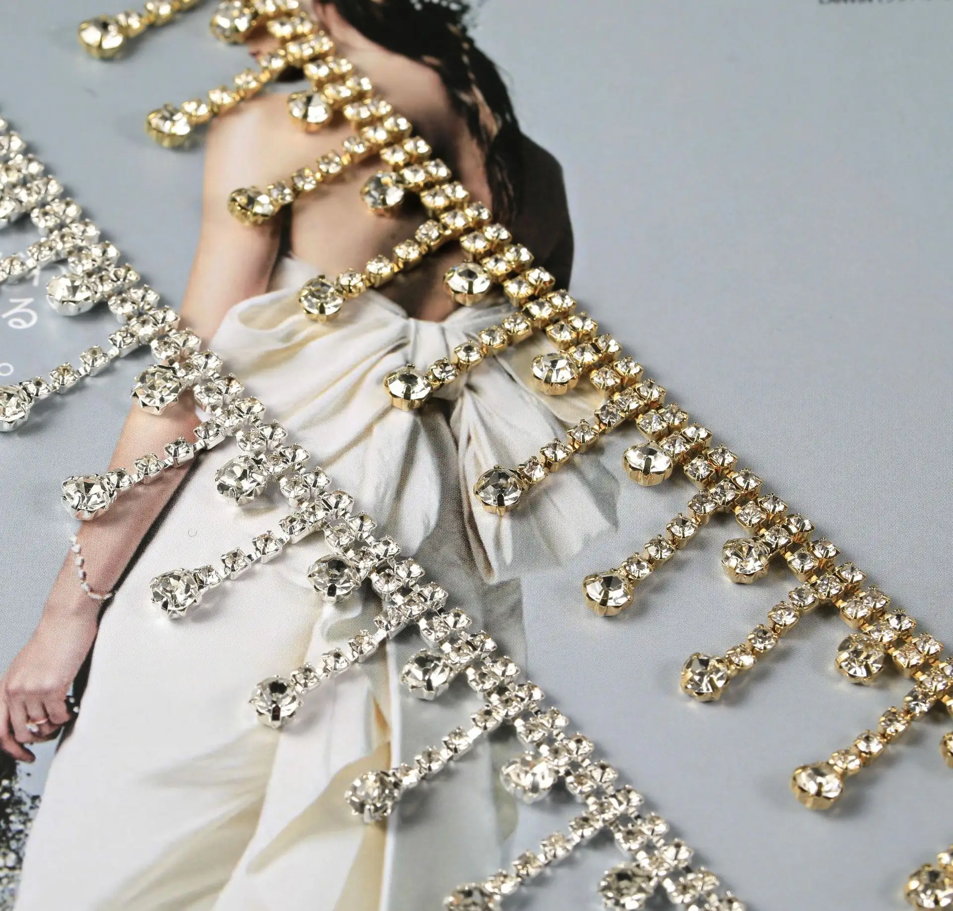 Fancy Wholesale Rhinestone Ribbon Tassel Chain Crystal Diamond Fringe For Bridal Dress Party Craft