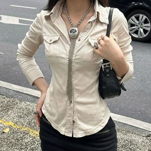 Retro Utility Style Pocket Shirt <b>Button</b> Front Collar Waist-Cinching Design Hot Girl Slimming Versatile Top - Product Image 4