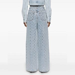 Jeans de cintura baja para mujer, corte recto y holgado, lavado vintage, pantalón de mezclilla con pedrería completa, estilo sexy y urbano. - Product Image 3