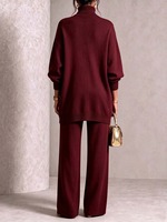 RO9112 Ensemble tricoté 2 pièces élégant pour femme, vêtements islamiques modestes, col roulé, manches longues, pantalon ample, tenue décontractée pour l'Aïd et le bureau