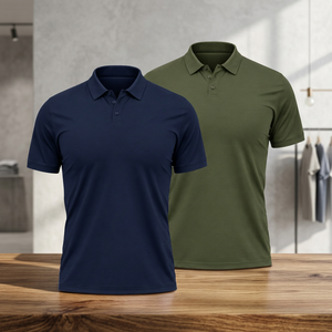 Polo en tricot à manches courtes pour homme, couleur unie, style décontracté, coupe classique, bleu marine et vert olive - Product Image 3
