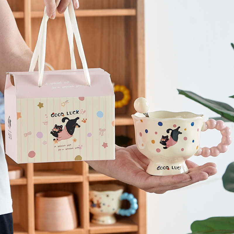 Taza de gato Rosa + cuchara [con bolsa de regalo]