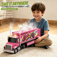 Camion Conteneur RC Graffiti DWI 2.4G 7CH, Camion Semi-Remorque RC 1:12 avec Pulvérisation, Lumières et Son, Jouet Camion de Transport à Remorque Détachable