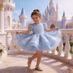 Abito da festa per bambina azzurro cielo con maniche a sbuffo, <span class=keywords><strong>paillettes</strong></span> scintillanti e volant in tulle, abito da damigella d'onore per matrimonio - Product Image 5