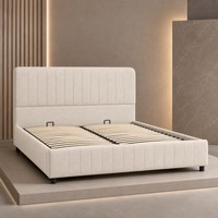 Beigefarbenes Polsterbett mit vertikalem Kanal-Kopfteil, Holzlattenrost, Queen- und King-Size-Bettgestell, OEM ODM Großhandel B2B