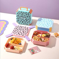 Boîte à lunch en PP à imprimé léopard, avec poignée portable, compartiments multiples, boîte bento, récipient de stockage alimentaire compatible micro-ondes pour les enfants à l'école