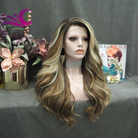 Perruque Lace Front Synthétique en Fibre Résistante à la Chaleur, Couleur Miel Blond Mélange de Trois Tons, Style Célébrité Burnette