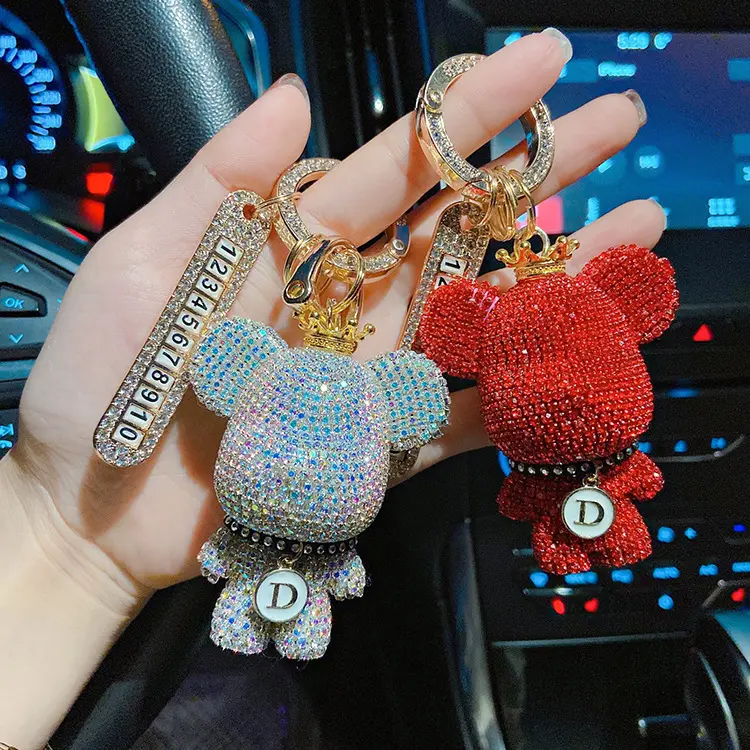 Leuke Rhinestone Polsbandje Bling Teddybeer Sleutelhanger Voor Auto Kristal Anti Verliezen Sleutelhangers