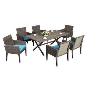 Outdoor Traditional Metal <b>Dining</b> Table and <b>Chair</b> Set with Poly Rattan Weave <b>Stackable</b> Waterproof Cushions - Product Image 3