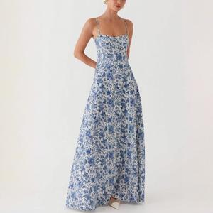 Custom Wholesale Women's Casual Summer A-Line Flare Backless Sleeveless Halter Collar Maxi Printed Cotton Linen <strong>Dress</strong> Loose Long - Product Image 6