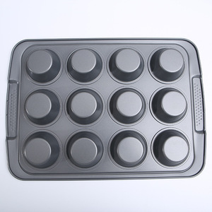 แม่พิมพ์เค้กเหล็กคาร์บอนทรงกลม 12 ถ้วย เครื่องมืออบขนมแบบไม่ติดกระทะ สำหรับใช้ในบ้าน - Product Image 1