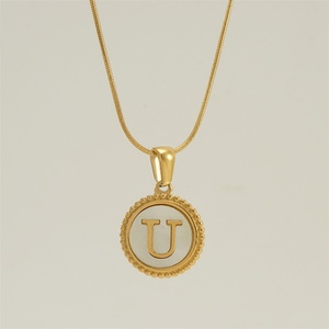 High Quality 18k Gold Plated A-Z Alphabet Shell Stainless Steel Round Pendant Necklace - Product Image 5