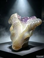 Statue de tête de berbère en géode d'agate naturelle, sculptée à la main en cristal de mouton, avec druse d'améthyste, pierre de guérison unique, cadeau artistique