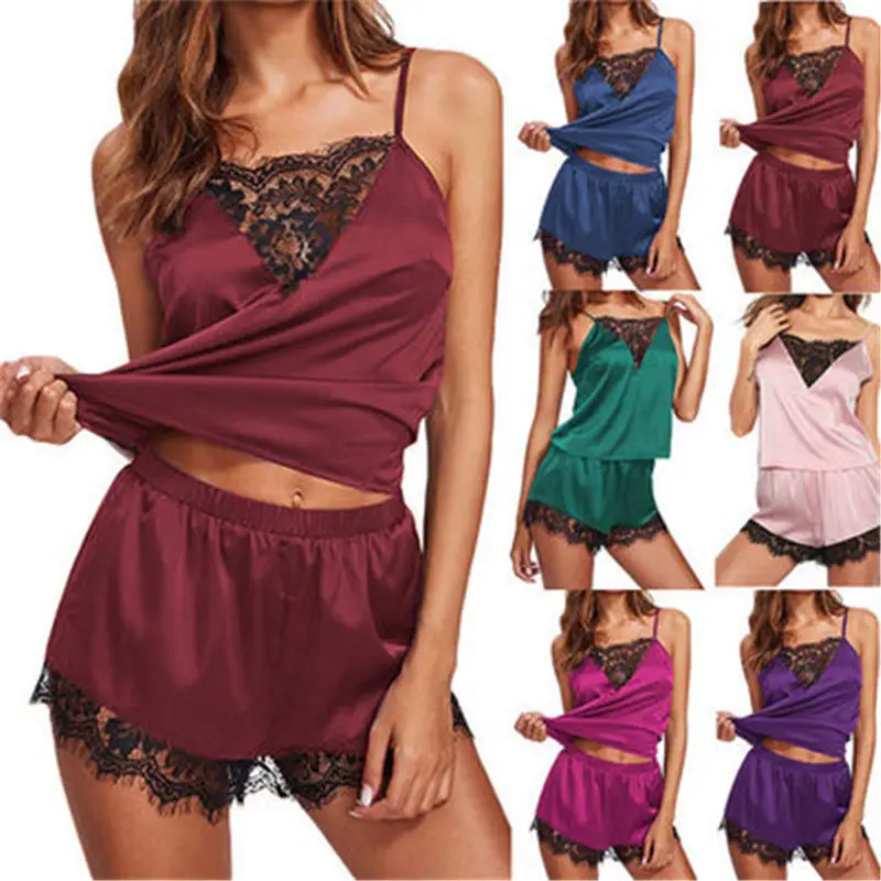 2 pçs/set Mulheres Sexy Cetim Babydoll Lingerie Rendas Patchwork Top + Cintura Alta Shorts Sleepwear Camisola Pijamas R1276