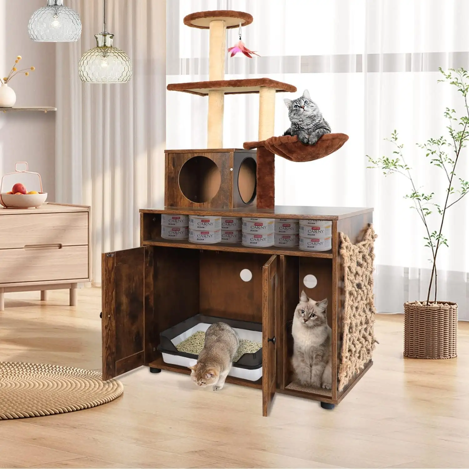 Grande contenitore nascosto della lettiera del gatto della mobilia della casa del bagno del gatto con l'albero del gatto