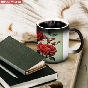 Mug en céramique noir givré 11oz, tasse changeante de couleur sensible à la chaleur avec motif de roses rouges, peinture plate 2D - Product Image 3
