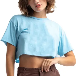 Qualité supérieure 95 coton 5 élasthanne t-shirt bleu clair été haut court femmes col rond t-shirts