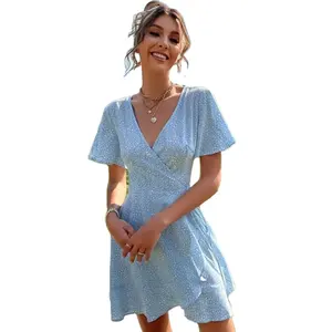 Stockpapa women summer simple casual elegant dress All Over Print Ruffle Trim Tie Side Wrap Dress branded apparel stock