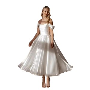 Robe de mariée en satin blanc, épaules dénudées, longueur midi, pour mariages en extérieur, robe de demoiselle d'honneur, expédiée depuis l'étranger - Product Image 5