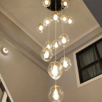 Lustre moderne à 6 lumières en verre doré avec LED, grand modèle, hauteur réglable pour plafonds hauts, éclairage d'entrée