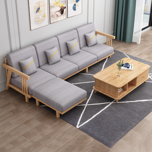 Nordic Solid Wood <b>Sofa</b> Set L-Shaped Natural Wood Color Storage Living Room Furniture - Product Image 2