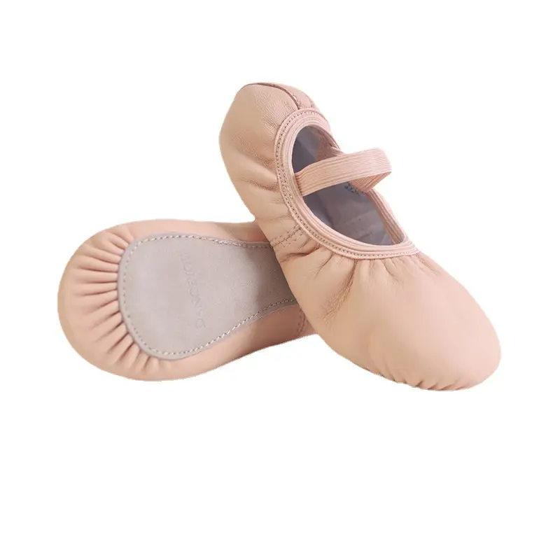 Sepatu dansa balet anak perempuan, sepatu dansa kulit melar, sepatu balet Slip-on dengan sol kulit