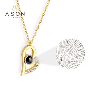 Ason jewelry Fashion Stainless steel Romantic Heart Pendant Projection I Love You 100 Languages Valentines Necklace For Women
