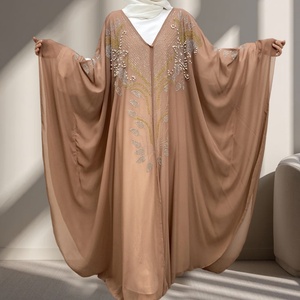 Arab Lightweight Chiffon Butterfly Abaya <b>Long</b> <b>Kaftan</b> with Gold Diamond and White Beads for Party Wedding 6743# - Product Image 4
