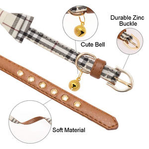 Conjunto de Collar y correa con lazo para perro, Bandana a cuadros bonita para caminar, corbata ajustable de cuero suave para perro pequeño con campanas - Product Image 3