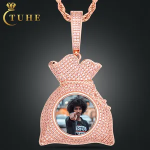 Bijoux en gros 40mm en laiton plaqué or AAAAA rose CZ diamant glacé sac d'argent personnalisé Photo pendentif photo collier