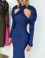 Fabrik-Großhandel Frühling Sommer Midi-Kleid Damen Langarm Mode Ausgeschnitten Kaffee Blau Sexy Figurbetont Rüschen Partykleid
