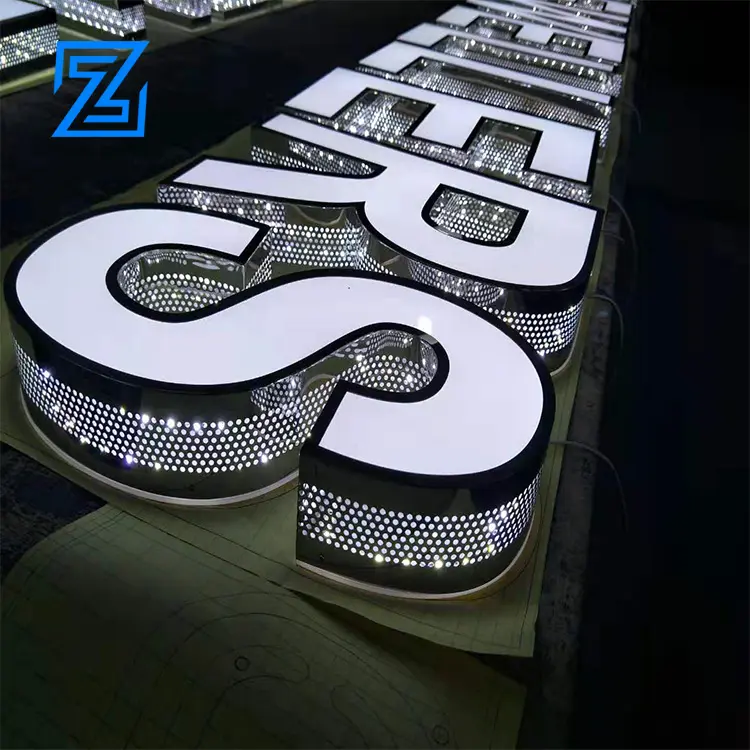 Logo 3D Akrilik + Baja Tahan Karat Tahan Air Tanda Terbuka LED Neon Papan Tanda Pengenal Luar Ruangan LED Tanda 3D