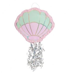 Decoraciones de cumpleaños de sirena con cuerda para tirar, piñata de concha marina de papel para niñas - Product Image 2