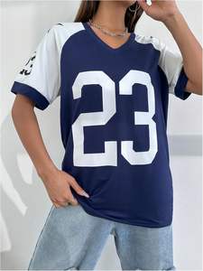 Camiseta de media manga con cuello en V y bloque de Color para mujer, camiseta de baloncesto, ropa de calle informal, Top - Product Image 3