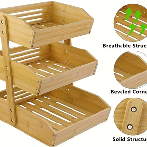 Support de panier à fruits en bois - Organisateur de cuisine grande capacité pour légumes, étagère de rangement multi-niveaux pour comptoir - Product Image 5