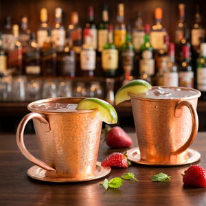 Tasses à Moscow Mule en cuivre avec finition martelée et soucoupes assorties pour un service élégant des cocktails et des articles de bar - Product Image 2