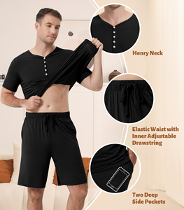 Clearance Stock <b>Men's</b> Black Bamboo Loungewear <b>Set</b> Solid Color Casual Sleepwear Soft Comfortable Home Wear Ready To Ship - Product Image 3