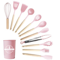Ustensiles de cuisine en silicone de qualité alimentaire, ensemble de 12 pièces avec manches en bois de hêtre et seau de rangement pour la cuisine à domicile