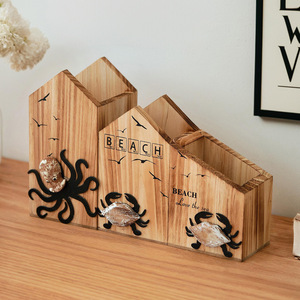 Wooden Crab Pen Holder Square Shape Uv Printing Beach Theme Office <b>Desk</b> Decor Gift - Product Image 3