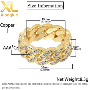 Copper 18K Unisex Trendy Geometric 8mm Single Row Zircon Cuban <b>Rings</b> Claw Setting Gift Party Anniversary Popular Hip-Hop Style - Product Image 3