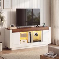 Meuble TV style Farmhouse pour téléviseurs 65-75 pouces, blanc et noyer, avec éclairage LED bicolore, 2 portes et étagères de rangement ouvertes