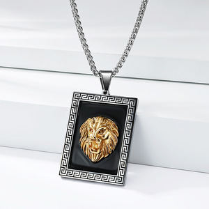 Stainless Steel Lion <b>Head</b> Pendant Necklace For Men Rectangular Black Frame Gold Lion Design Hip Hop <b>Style</b> Jewelry - Product Image 4