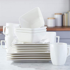 Bộ Đồ Ăn Bằng Sứ Trang Trọng Phục Vụ Cho 4, 16 Chiếc Đĩa Sạc Bữa Tối Hình Vuông Màu Trắng Cổ Điển Đĩa Bát Đĩa Tráng Miệng - Product Image 5