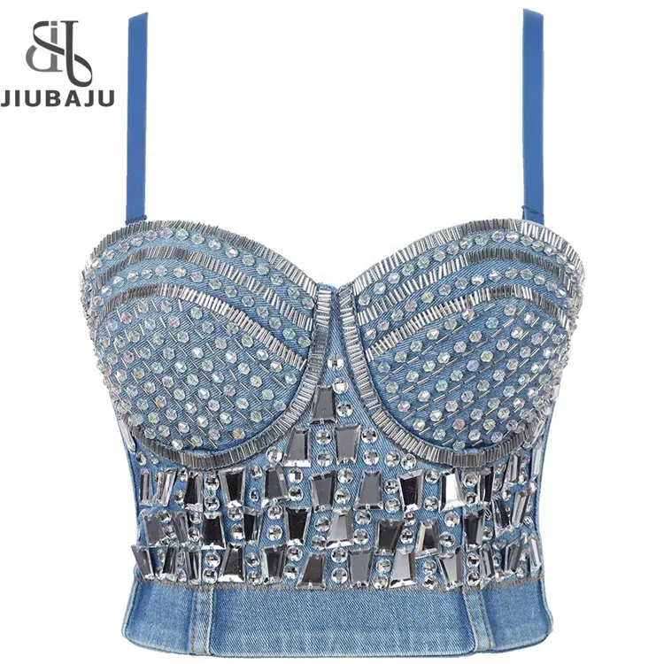 Sexy Rhinestone Diamond Denim Bra Women 2023 Tank Top Jean Corset Crystal Adjustable Club Crystal Rhinestone Cami Crop Tops