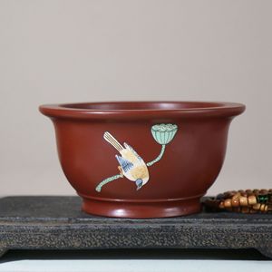 Handmade Zisha <b>Flower</b> <b>Pot</b> Painted Bird And Lotus Design Desktop Bonsai Planter - Product Image 1