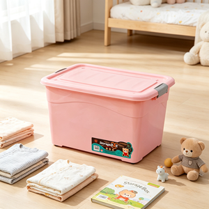 Caixa de Armazenamento Plástica Grande de <span class=keywords><strong>70L</strong></span> com Tampa e Rodas Empilhável Durável para Armazenamento Doméstico de Roupas e Brinquedos - Product Image 5